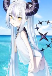 Rule 34 | 1girl, absurdres, ass, bare shoulders, blush, braid, commentary, flat chest, hair between eyes, highres, hololive, horns, karou (lhscck302), la+ darknesss, long hair, looking at viewer, ocean, one-piece swimsuit, open mouth, pointy ears, purple hair, sailor collar, solo, swimsuit, tail, thighhighs, twintails, very long hair, virtual youtuber, white hair, white one-piece swimsuit, white thighhighs, yellow eyes
