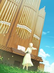 1girl blue_sky cloud dress grass highres instrument original pipe_organ sky sunlight taizo_(taizo_03) white_dress white_hair