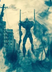 Rule 34 | building, cloud, destruction, eva 01, fire, greyscale, highres, light rays, mecha, monochrome, neon genesis evangelion, no humans, obabynight, outdoors, road, robot, smoke, solo, standing, street, traditional media, utility pole