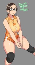 Rule 34 | 2020, agawa ryou, artist name, bare shoulders, blue eyes, breasts, brown hair, commentary, curvy, dated, glasses, grey background, knee pads, large breasts, long hair, original, parted lips, short hair, short shorts, shorts, signature, simple background, skindentation, solo, sportswear, sweat, thick eyebrows, thick thighs, thighs, volleyball uniform
