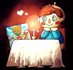 Rule 34 | 1boy, alcohol, animal crossing, animal crossing new leaf, animated, animated png, beret, blush stickers, brown hair, candle, candlelight, chair, cup, dating, drinking glass, hands on own face, hat, heart, looking at another, miguel crossing, nintendo, on chair, sitting, table, villager (animal crossing), wine, wine glass