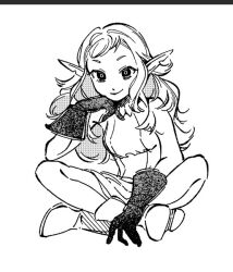 Rule 34 | 1girl, armor, boots, breasts, bright pupils, dress, dungeon meshi, elf, fleki, full body, gloves, hand up, head rest, indian style, long hair, monochrome, notched ear, pointy ears, simple background, sitting, sleeveless, sleeveless dress, smile, solo, uniform, zijunqvq