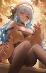 Rule 34 | 1girl, bare shoulders, beret, blue eyes, blue hair, blue nails, blush, breasts, brown hat, brown sweater, cleavage, cleavage cutout, clothing cutout, commentary, commission, cup, drink, drooling, from below, gradient hair, hat, highres, holding, holding cup, indie virtual youtuber, large breasts, long hair, long sleeves, looking at viewer, metatarou, multicolored hair, natsumiya ramune, outdoors, pantyhose, plaid, plaid skirt, shoulder cutout, skeb commission, skirt, solo, sweater, virtual youtuber