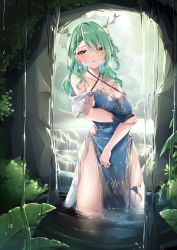Rule 34 | 1girl, antlers, arch, arm under breasts, bare shoulders, blue dress, breast hold, breasts, ceres fauna, cleavage, criss-cross halter, dress, green hair, halterneck, highres, hololive, hololive english, horns, leaf, looking at viewer, medium breasts, mole, mole under eye, outdoors, parted lips, pelvic curtain, see-through, single thighhigh, solo, sparkle, standing, thighhighs, thighs, umou (may65879), virtual youtuber, wading, water, wet, wet clothes, yellow eyes