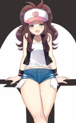 Rule 34 | 1girl, :d, absurdres, antenna hair, aqua eyes, arm support, black vest, blue shorts, blush, brown hair, collarbone, commentary request, creatures (company), game freak, hat, highres, hilda (pokemon), knees, long hair, looking at viewer, nasakixoc, nintendo, open clothes, open mouth, open vest, pokemon, pokemon bw, shirt, short shorts, shorts, smile, solo, vest, white hat, white shirt