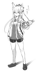 Rule 34 | 1girl, animal ear fluff, animal ears, bike shorts, blush, bottle, breasts, commentary request, fox ears, full body, glasses, greyscale, highres, holding, holding bottle, jacket, kuro kosyou, long hair, looking at viewer, monochrome, open clothes, open jacket, original, over-rim eyewear, parted lips, ponytail, semi-rimless eyewear, shadow, shirt, shoes, simple background, small breasts, solo, standing, translation request, very long hair, water bottle, white background