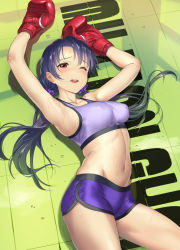 Rule 34 | 1girl, andou shuki, bare shoulders, black hair, blush, boxing gloves, breasts, brown eyes, dolphin shorts, hair in own mouth, highres, idolmaster, idolmaster million live!, long hair, looking at viewer, low twintails, medium breasts, messy hair, navel, one eye closed, open mouth, short shorts, shorts, smile, solo, sports bra, sweat, takayama sayoko, thighs, twintails