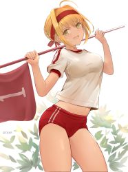 Rule 34 | 1girl, absurdres, ahoge, arched back, bad id, bad twitter id, blonde hair, braid, breasts, buruma, commentary request, contemporary, dress, fate/extra, fate/extra ccc, fate/grand order, fate (series), french braid, green eyes, gym shirt, gym uniform, hair intakes, headband, highres, looking at viewer, medium breasts, navel, nero claudius (fate), nero claudius (fate) (all), nero claudius (fate/extra), nero claudius (olympian bloomers) (fate), official alternate costume, open mouth, pjkka, red buruma, red dress, red headband, shirt, short sleeves, smile, solo, sportswear, standing, twitter username, white shirt