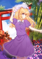 Rule 34 | 1girl, absurdres, autumn leaves, bamboo, bamboo forest, blonde hair, blue sky, chestnut mouth, collared shirt, dress, forest, gap (touhou), hair between eyes, hand on headwear, hat, hat ribbon, highres, kanta (pixiv9296614), long hair, maribel hearn, mob cap, nature, puffy short sleeves, puffy sleeves, purple dress, purple eyes, ribbon, shirt, short sleeves, sky, solo, torii, touhou, white ribbon