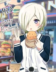 Rule 34 | 1girl, blonde hair, blurry, blurry background, blush, burger, character name, commentary request, ear piercing, food, hair over one eye, happy birthday, highres, holding, holding food, jacket, long hair, looking at viewer, love live!, love live! nijigasaki high school idol club, mia taylor, one eye covered, open mouth, piercing, purple eyes, ranmaki125, shirt, short hair, solo, upper body, v, viewfinder, white jacket, white shirt