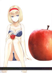 Rule 34 | 1girl, alice margatroid, alternate costume, apple, barefoot, bikini, blonde hair, blue bikini, blue bra, blue eyes, blue panties, bow, bow bra, bra, breasts, cleavage, food, fruit, hairband, highres, knees together feet apart, large breasts, lolita hairband, looking at viewer, nabeshima tetsuhiro, open mouth, oversized food, oversized object, panties, ribbon, scan, short hair, simple background, sitting, solo, swimsuit, touhou, underwear, underwear only
