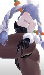 Rule 34 | 1girl, absurdres, animal ears, ass, black gloves, black leotard, blue hair, blurry, braid, breasts, brown pantyhose, carrot, carrot hair ornament, dalcom, depth of field, facing away, food-themed hair ornament, from below, fur trim, gloves, hair ornament, highres, hololive, leotard, long hair, multicolored hair, pantyhose, playboy bunny, rabbit ears, rabbit girl, rabbit tail, simple background, small breasts, solo, tail, thighs, twin braids, two-tone hair, usada pekora, virtual youtuber, white hair