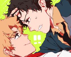 Rule 34 | !, !!, 2boys, andy von de oniyate, blonde hair, color background, cowboy bebop, green background, looking at another, multiple boys, spike spiegel, tagme