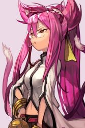 Rule 34 | 1girl, animal ears, arc system works, bell, blazblue, bracelet, breasts, candy, eyebrows, food, glasses, hair between eyes, hair ribbon, hungry clicker, jewelry, kokonoe (blazblue), lollipop, long hair, looking away, midriff, multiple tails, navel, pince-nez, pink hair, ponytail, ribbon, small breasts, solo, tail, upper body, wide sleeves, yellow eyes