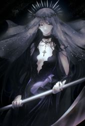Rule 34 | 1girl, absurdres, akkking, amanises, bare arms, black background, black dress, black hair, black neckwear, black veil, breasts, chinese commentary, choker, cleavage, commentary request, crescent, crescent pin, dress, earrings, empty eyes, evernight goddess, halo, highres, holding, holding scythe, holding weapon, jewelry, long hair, looking at viewer, lord of the mysteries, necklace, scythe, smile, tiara, veil, weapon