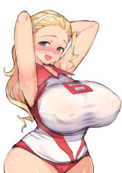 Rule 34 | 10s, absurdres, armpits, arms up, bad id, bad pixiv id, blonde hair, blush, breasts, brown eyes, covered erect nipples, curvy, girls und panzer, hairband, highres, hip focus, huge breasts, long hair, looking at viewer, puffy nipples, sasaki akebi, simple background, smile, solo, try (lsc), wet, wet clothes