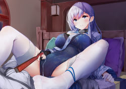 Rule 34 | 1boy, 1girl, azur lane, bed, belfast (azur lane), belfast (iridescent rosa) (azur lane), belfast (iridescent rosa) (azur lane), blue dress, blue eyes, blush, braid, breasts, bulge, chain, china dress, chinese clothes, collar, dress, earrings, erection, erection under clothes, folding fan, french braid, hand fan, highres, holding, holding fan, indoors, irohara, jewelry, large breasts, long hair, looking at viewer, on bed, pants, pelvic curtain, pillow, reclining, shrug (clothing), sidelocks, silver hair, skindentation, smile, sweat, thighhighs, white pants, white thighhighs