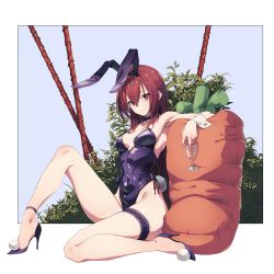 Rule 34 | 1girl, absurdres, animal ears, armpits, bad id, bad pixiv id, bare shoulders, bow, bowtie, breasts, bridal garter, bush, chirang, cleavage, closed mouth, covered navel, cup, detached collar, drinking glass, fake animal ears, fate/grand order, fate (series), gae bolg (fate), hair between eyes, high heels, highres, knee up, large breasts, legs, leotard, long hair, looking at viewer, official alternate costume, playboy bunny, polearm, purple footwear, purple hair, purple leotard, rabbit ears, rabbit tail, red eyes, scathach (fate), scathach (piercing bunny) (fate), sitting, smile, solo, spear, tail, weapon, wrist cuffs