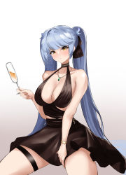Rule 34 | 1girl, absurdres, alcohol, azur lane, bad id, bad pixiv id, bare shoulders, black bow, black dress, blue hair, bow, bracelet, breasts, champagne, cleavage, cup, dress, essex (azur lane), essex (craft fairytail) (azur lane), evening gown, gem, gold bracelet, green gemstone, hair bow, halter dress, halterneck, hamu (yuni0349), highres, holding, holding cup, jewelry, large breasts, long hair, looking at viewer, simple background, sleeveless, sleeveless dress, twintails, very long hair, yellow eyes