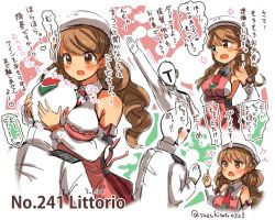 Rule 34 | 10s, 1boy, 1girl, admiral (kancolle), apron, arm up, armpits, artist name, bare shoulders, beret, between fingers, breasts, brown eyes, brown hair, character name, chestnut mouth, detached sleeves, hat, head on chest, hetero, holding, hug, index finger raised, kantai collection, large breasts, littorio (kancolle), long sleeves, md5 mismatch, motion lines, necktie, pointing, red necktie, resized, resolution mismatch, source larger, suzuki toto, translation request, white hat, wide sleeves