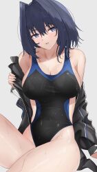 Rule 34 | 1girl, absurdres, black jacket, black one-piece swimsuit, blue eyes, blue hair, breasts, cleavage, collarbone, competition swimsuit, hair intakes, highres, hololive, hololive english, jacket, large breasts, medium hair, off shoulder, one-piece swimsuit, ouro kronii, rynn 020, solo, swimsuit, two-tone swimsuit, virtual youtuber, wet, wet clothes, wet hair, wet swimsuit