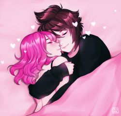 Rule 34 | 1boy, 1girl, artist logo, artist name, bad id, bad twitter id, black shirt, blush, brown hair, closed eyes, closed mouth, commentary, face-to-face, from side, heart, hug, lips, long sleeves, nose blush, original, pink hair, profile, shari cote, shirt, short hair, under covers