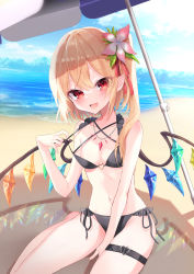 Rule 34 | 1girl, :d, absurdres, beach, bikini, bikini pull, black bikini, blonde hair, breasts, cleavage, clothes pull, crystal, fang, flandre scarlet, flower, hair flower, hair ornament, highres, jewelry, looking at viewer, medium hair, navel, one side up, open mouth, outdoors, parasol, pendant, pink flower, pointy ears, pulling own clothes, red eyes, rori82li, small breasts, smile, solo, swimsuit, thigh strap, touhou, umbrella, wings