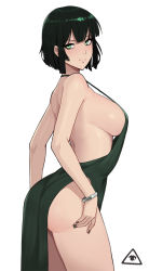 Rule 34 | 1girl, ass, back, bare shoulders, blunt bangs, bracelet, breasts, donburi (donburikazoku), dress, evening gown, female focus, from side, fubuki (one-punch man), green dress, green eyes, green hair, green nails, halterneck, highres, jewelry, large breasts, looking at another, nail polish, no bra, one-punch man, revealing clothes, short hair, sideboob, simple background, smile, solo, strap gap, thighs, white background