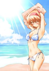 Rule 34 | 1girl, alice margatroid, armpits, arms up, bad id, bad pixiv id, beach, bikini, blonde hair, blue sky, blush, breasts, cleavage, closed eyes, cloud, day, floral print, hairband, highres, light rays, medium breasts, navel, non (z-art), o-ring, o-ring top, outdoors, shiny skin, short hair, side-tie bikini bottom, sky, smile, solo, sunbeam, sunlight, swimsuit, touhou, wrist cuffs