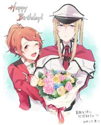 Rule 34 | 2019, 2girls, aquila (kancolle), arm hug, armpit cutout, blonde hair, blue eyes, blush, bouquet, breasts, capelet, closed mouth, clothing cutout, collared shirt, commentary request, cropped torso, cross, dated, fingernails, flower, graf zeppelin (kancolle), green ribbon, hair between eyes, hair ornament, hair over one eye, hairclip, hat, holding, holding bouquet, iron cross, jacket, kantai collection, kurozu (hckr 96), long hair, long sleeves, military, military hat, multiple girls, nail polish, neck ribbon, necktie, new year, one eye closed, orange hair, peaked cap, ponytail, red eyes, red jacket, red ribbon, ribbon, shirt, sidelocks, smile, sweat, twintails, wavy hair, white shirt