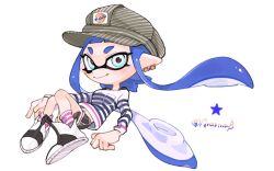 Rule 34 | 1girl, black shorts, blue eyes, blue hair, closed mouth, commission, eyelashes, full body, grey headwear, grey trim, inkling, inkling girl, inkling player character, long hair, looking at viewer, nintendo, pink socks, pointy ears, print headwear, shirt, shoes, short shorts, shorts, simple background, smile, socks, solo, spl8ya, splatoon (series), star (symbol), striped clothes, striped shirt, striped socks, tentacle hair, thick eyebrows, two-tone socks, white background, white footwear, white socks