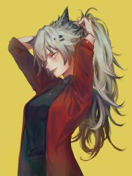 Rule 34 | 1girl, adjusting hair, alternate hairstyle, animal ears, arknights, arms up, black sweater, bracelet, breasts, commentary, cowboy shot, grey eyes, grin, hair between eyes, hair ornament, hair tie in mouth, hands in hair, highres, hyde (tabakko), jacket, jewelry, lappland (arknights), lips, long hair, looking at viewer, medium breasts, mouth hold, necklace, open clothes, open jacket, pendant, ponytail, red jacket, ribbed sweater, scar, scar across eye, scar on face, signature, silver hair, simple background, smile, solo, sweater, turtleneck, turtleneck sweater, twitter username, wolf ears