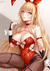 Rule 34 | 1girl, animal ears, aqua eyes, bare shoulders, blonde hair, blush, breasts, bridal gauntlets, brown pantyhose, cleavage, commentary request, earrings, fake animal ears, fake tail, green nails, highres, jewelry, large breasts, leotard, long hair, looking at viewer, nail polish, original, pantyhose, parted lips, playboy bunny, rabbit ears, rabbit tail, red leotard, sakiyamama, signature, solo, tail, thighs, wrist cuffs