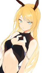 Rule 34 | 1girl, animal ears, bare shoulders, blonde hair, blue eyes, breasts, expressionless, long hair, lpip, medium breasts, midriff, navel, original, simple background, solo, white background