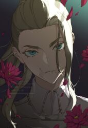 Rule 34 | 1boy, androgynous, artist name, black background, blonde hair, blue eyes, collared shirt, colored eyelashes, commentary request, dark background, ear piercing, eyelashes, floating hair, flower, high ponytail, hua (supa jopa), long hair, looking at viewer, male focus, parted lips, petals, piercing, ponytail, portrait, red flower, sanzu haruchiyo, scar, scar on face, scar on mouth, shirt, sidelighting, solo, tokyo revengers, tsurime, twitter username, upper body, v-shaped eyebrows, watermark, white shirt, wing collar