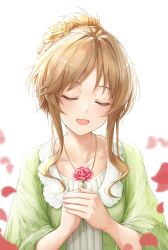 Rule 34 | 1girl, absurdres, blush, brown hair, closed eyes, collarbone, dress, facing viewer, flower, green dress, hair flower, hair ornament, highres, holding, holding flower, idolmaster, idolmaster cinderella girls, long hair, mother&#039;s day, nakata (nkt vvd), open mouth, petals, simple background, smile, solo, takamori aiko, upper body, white background
