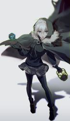 Rule 34 | 1girl, add (fate), black gloves, black thighhighs, boots, cage, cape, csyday, fate (series), fur-trimmed cape, fur trim, gloves, gray (fate), green eyes, grey hair, hair between eyes, highres, holding, holding cage, hood, hood up, hooded cape, jacket, lord el-melloi ii case files, plaid, plaid skirt, skirt, thighhighs, track jacket