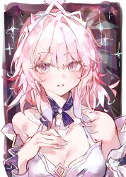 Rule 34 | 1girl, absurdres, bare shoulders, breasts, choker, cleavage, cocoballking, commentary request, dress, hand on own chest, highres, honkai: star rail, honkai (series), looking at viewer, march 7th (dress) (honkai: star rail), march 7th (honkai: star rail), medium breasts, medium hair, official alternate costume, parted lips, pink hair, purple choker, sleeveless, sleeveless dress, solo, tiara, upper body