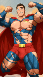 Rule 34 | 1boy, abs, absurdres, bara, black hair, blue bodysuit, blue eyes, bodysuit, boots, cape, clark kent, covered navel, dc comics, double biceps pose, flexing, highres, kuroshinki, large pectorals, male focus, muscular, muscular male, my adventures with superman, nipples, pectorals, red cape, short hair, smile, solo, superman, superman (series), teeth, thick thighs, thighs, torn bodysuit, torn clothes