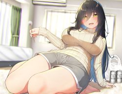 Rule 34 | 1girl, ahoge, bag, beer can, beige sweater, black hair, blush, breasts, can, dolphin shorts, drink can, go-1, grey shorts, hair between eyes, highres, holding, indoors, large breasts, leaning back, long hair, long sleeves, looking at viewer, mimikaki, open mouth, original, ribbed sweater, shopping bag, short shorts, shorts, smile, solo, sweater, thighs, turtleneck, turtleneck sweater, window, yellow eyes