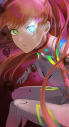 Rule 34 | 1girl, absurdres, bad id, bad pixiv id, blue eyes, blurry, blurry foreground, bodysuit, fengling (furin-jp), gradient background, green eyes, heterochromia, highres, long hair, looking at viewer, mismatched pupils, neon genesis evangelion, orange hair, parted lips, plugsuit, red background, solo, souryuu asuka langley, squatting, white bodysuit