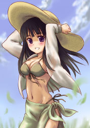 Rule 34 | 1girl, absurdres, bad id, bad pixiv id, bikini, blunt bangs, breasts, cleavage, day, front-tie top, green bikini, hand on headwear, hat, highres, hime cut, jacket, large breasts, open clothes, open jacket, open mouth, original, panties, sarong, side-tie bikini bottom, side-tie panties, smile, solo, sun hat, suppy, swimsuit, underwear