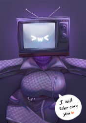 Rule 34 | &gt; &lt;, 1girl, :3, absurdres, antennae, black coat, breasts, coat, dial television, english text, heart, highres, incoming hug, large breasts, nezilaz, object head, purple sweater, skibidi toilet (series), solo, speech bubble, sweater, television, turtleneck, turtleneck sweater, tv woman (skibidi toilet), x3