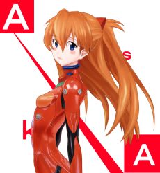 Rule 34 | 1girl, arched back, arms at sides, blue eyes, blush, bodysuit, breasts, brown hair, closed mouth, cowboy shot, from side, hair between eyes, light smile, long hair, looking at viewer, looking back, neon genesis evangelion, orange hair, parted bangs, pilot suit, pink lips, plugsuit, shiny clothes, simple background, skinny, small breasts, smile, solo, souryuu asuka langley, taka (takahirokun), turtleneck, white background