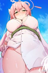Rule 34 | 1girl, ahoge, artist name, blue archive, blue sky, blush, breasts, cleavage, closed mouth, cloud, commentary request, day, e-note, from below, green eyes, halo, hanako (blue archive), hanako (swimsuit) (blue archive), highres, large breasts, looking at viewer, official alternate costume, outdoors, pink halo, shirt, sky, smile, solo, thighs, white shirt