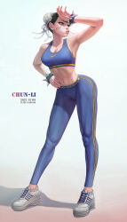 Rule 34 | 1girl, abs, bandaid, bandaid on face, blue eyes, breasts, brown hair, capcom, chun-li, cleavage, double bun, hair bun, hand on own hip, highres, large breasts, lump n brush, medium breasts, midriff, nike (company), pants, shoes, sneakers, solo, sports bra, sportswear, street fighter, sweat, tight clothes, tight pants, wiping sweat, yoga pants