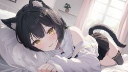 Rule 34 | 1girl, animal ear fluff, animal ears, black hair, black skirt, black thighhighs, blush, cat ears, cat tail, commentary, commission, curtains, day, detached sleeves, dutch angle, fish hair ornament, foreshortening, hair ornament, hairclip, indie virtual youtuber, indoors, kurage cc, looking at viewer, lying, miniskirt, nekota shizuku, on bed, on side, parted lips, pillow, plant, potted plant, shirt, single bare shoulder, single thighhigh, skeb commission, skirt, sleeves past wrists, smile, solo, sunlight, tail, tareme, thighhighs, virtual youtuber, white shirt, window, yellow eyes