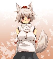 Rule 34 | 1girl, animal ears, blush, breasts, detached sleeves, fang, female focus, gradient background, hat, inubashiri momiji, plant, red eyes, short hair, silver hair, solo, tail, tokin hat, touhou, upper body, wolf ears, wolf tail, yamu (yamuyama web)