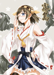 Rule 34 | 10s, 1girl, adjusting eyewear, bare shoulders, blue eyes, blush, brown hair, detached sleeves, glasses, hand on own hip, kantai collection, kirishima (kancolle), looking at viewer, nontraditional miko, rigging, sennoyume, short hair, smile, solo, tan background, thighs, turret, wide sleeves