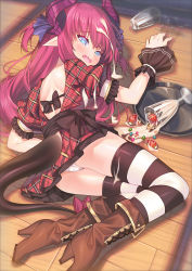 Rule 34 | 10s, 1girl, ass, back cutout, black socks, blue eyes, blush, boots, brown footwear, clothing cutout, commentary request, cup, dragon horns, dragon tail, dress, drinking glass, elizabeth bathory (fate), elizabeth bathory (fate/extra ccc), fate/extra, fate/extra ccc, fate (series), food, fruit, hair ribbon, high heel boots, high heels, horns, knee boots, kneehighs, long hair, looking at viewer, lying, on side, open mouth, panties, pantyshot, parfait, plaid, plaid dress, pointy ears, purple hair, ribbon, sidelocks, socks, solo, spill, strawberry, striped clothes, striped socks, striped thighhighs, suggestive fluid, tail, tears, thigh strap, thighhighs, thighs, tonchan, tray, tripping, two side up, underwear, waitress, wavy mouth, white panties, wooden floor, wrist cuffs, zettai ryouiki